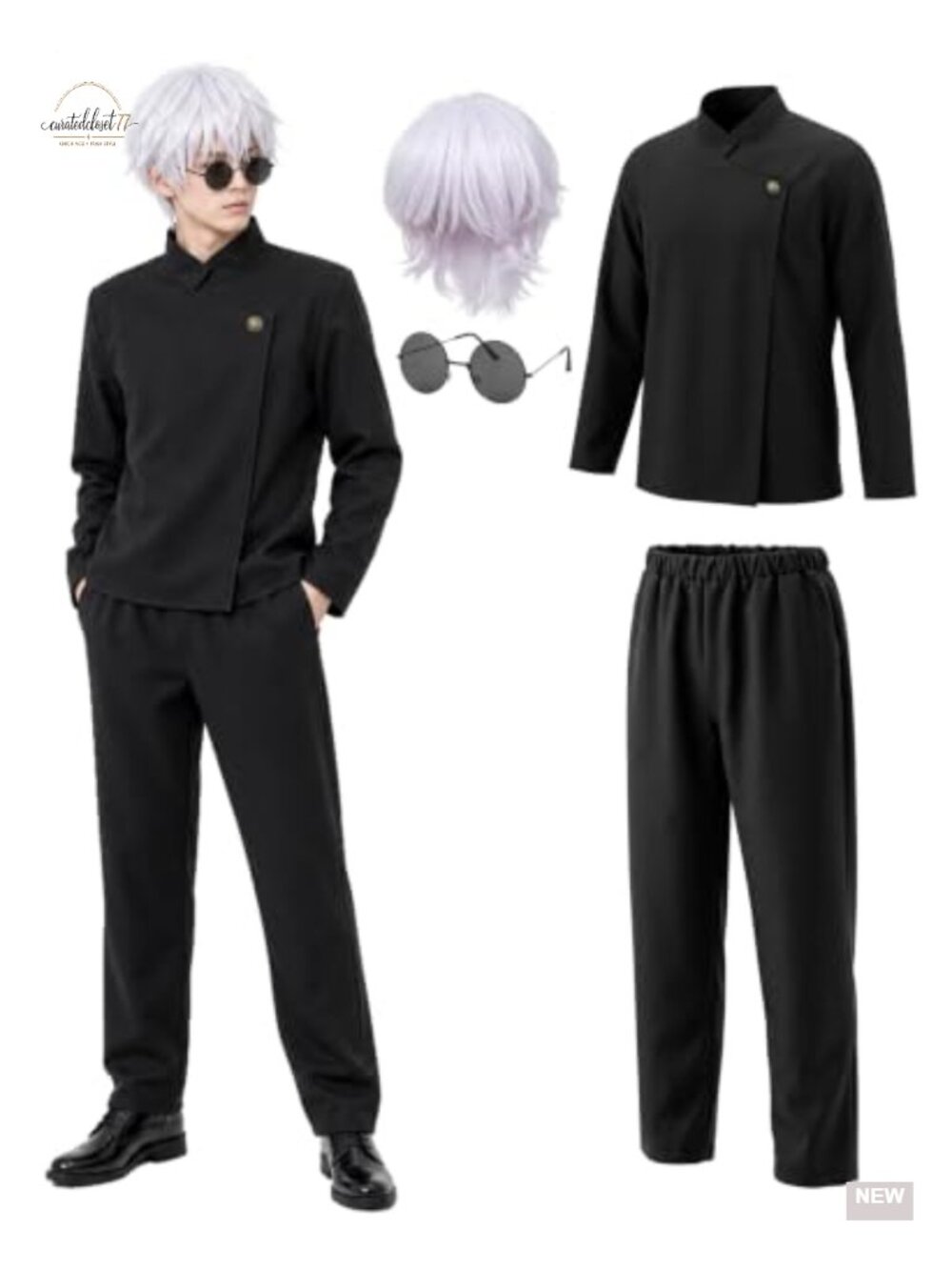 Mens Anime Cosplay Costume Set Polyester 4PC with White Wig Glasses